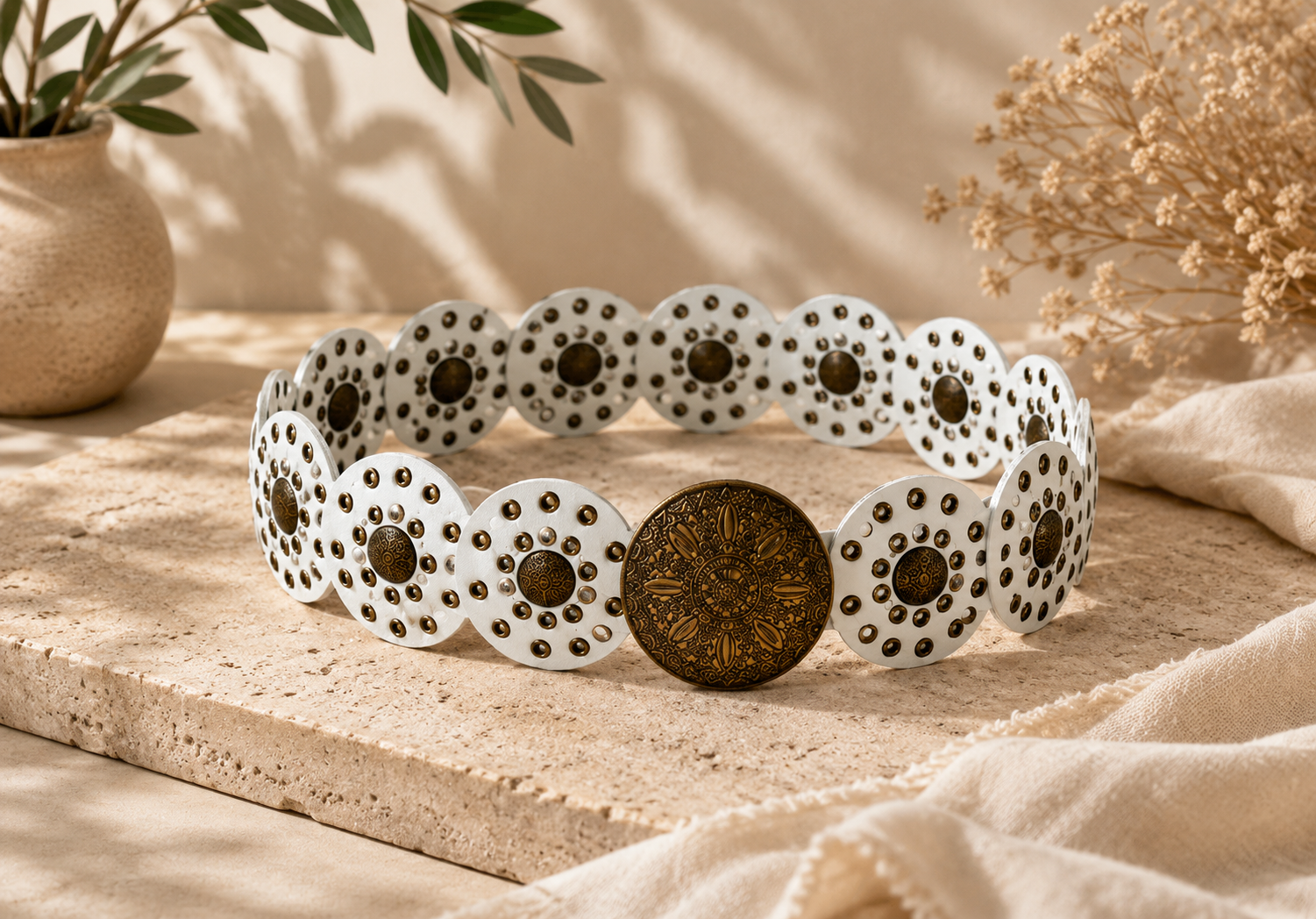Breiter Boho - Gürtel mit Nieten & Ornament Schnalle creme