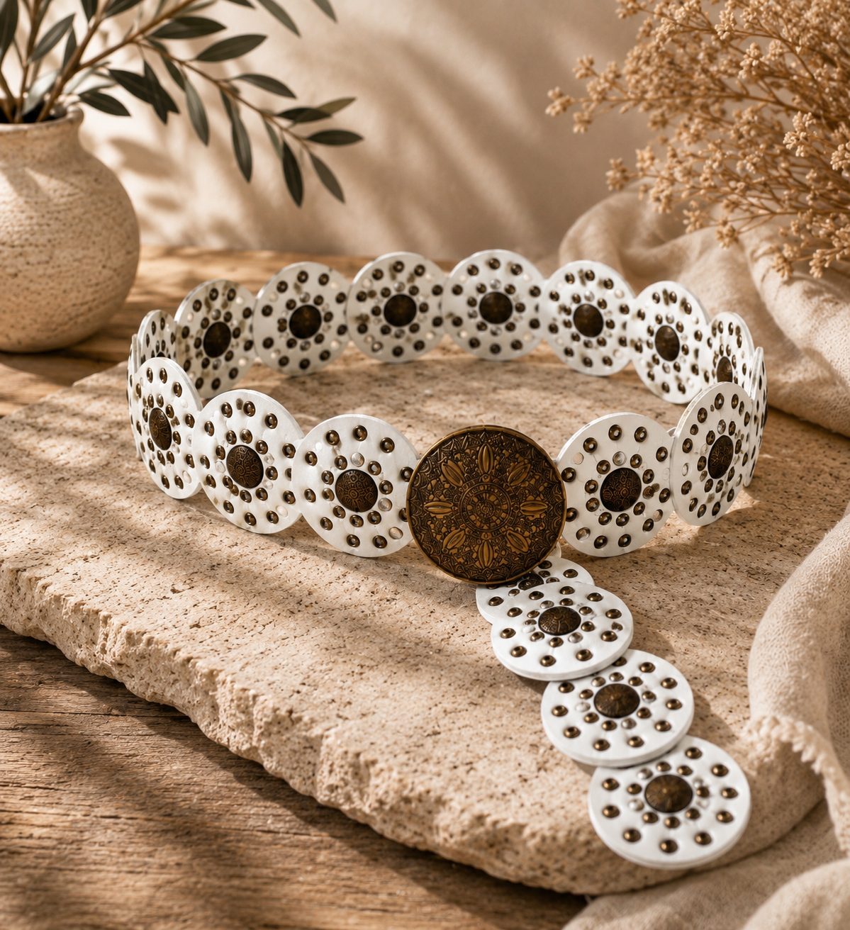 Breiter Boho - Gürtel mit Nieten & Ornament Schnalle creme