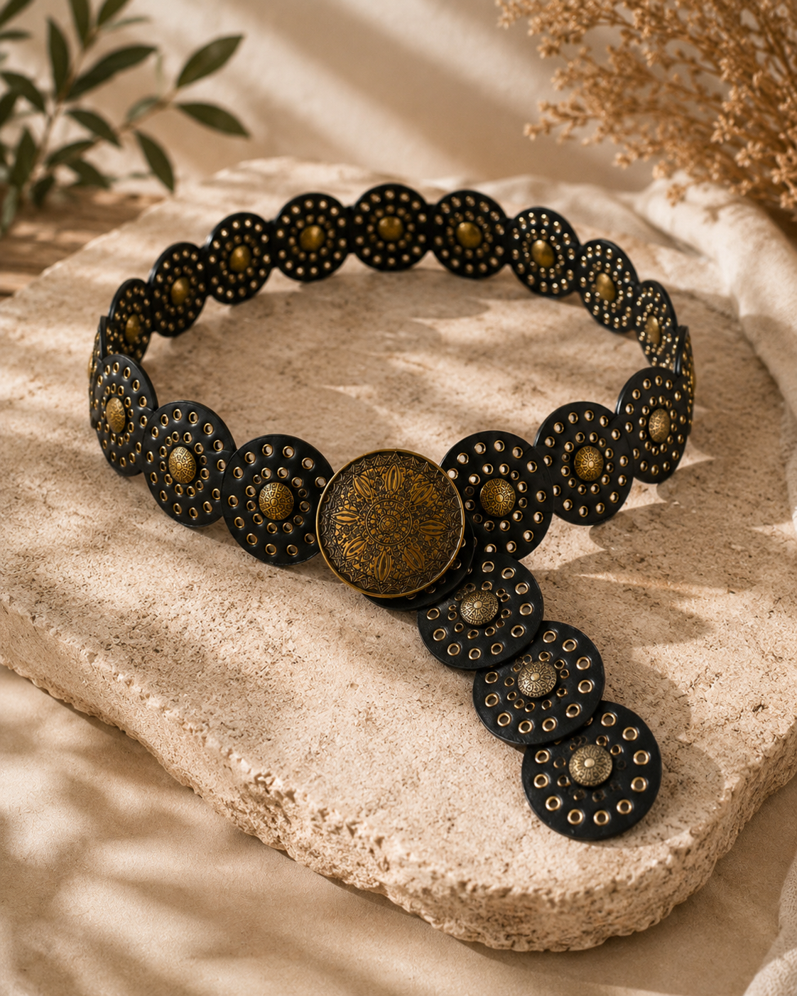 Breiter Boho - Gürtel mit Nieten & Ornament Schnalle schwarz