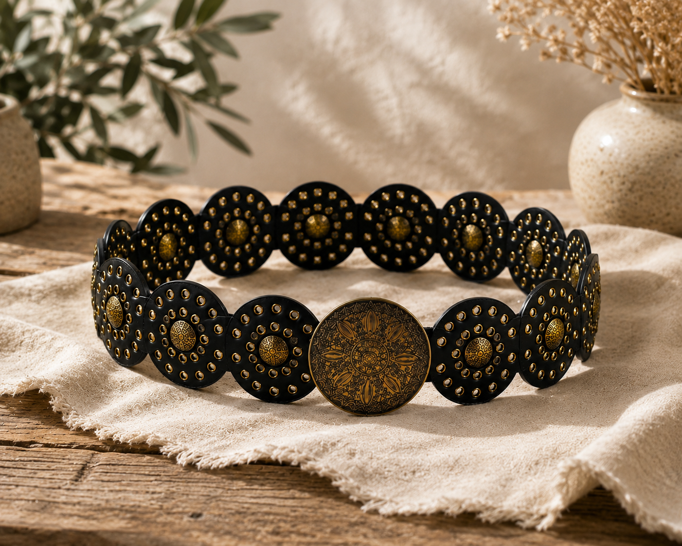 Breiter Boho - Gürtel mit Nieten & Ornament Schnalle schwarz
