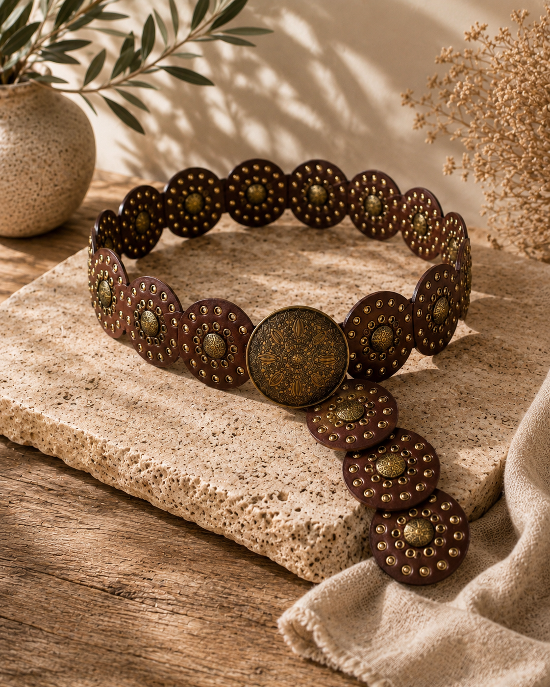 Breiter Boho - Gürtel mit Nieten & Ornament Schnalle braun