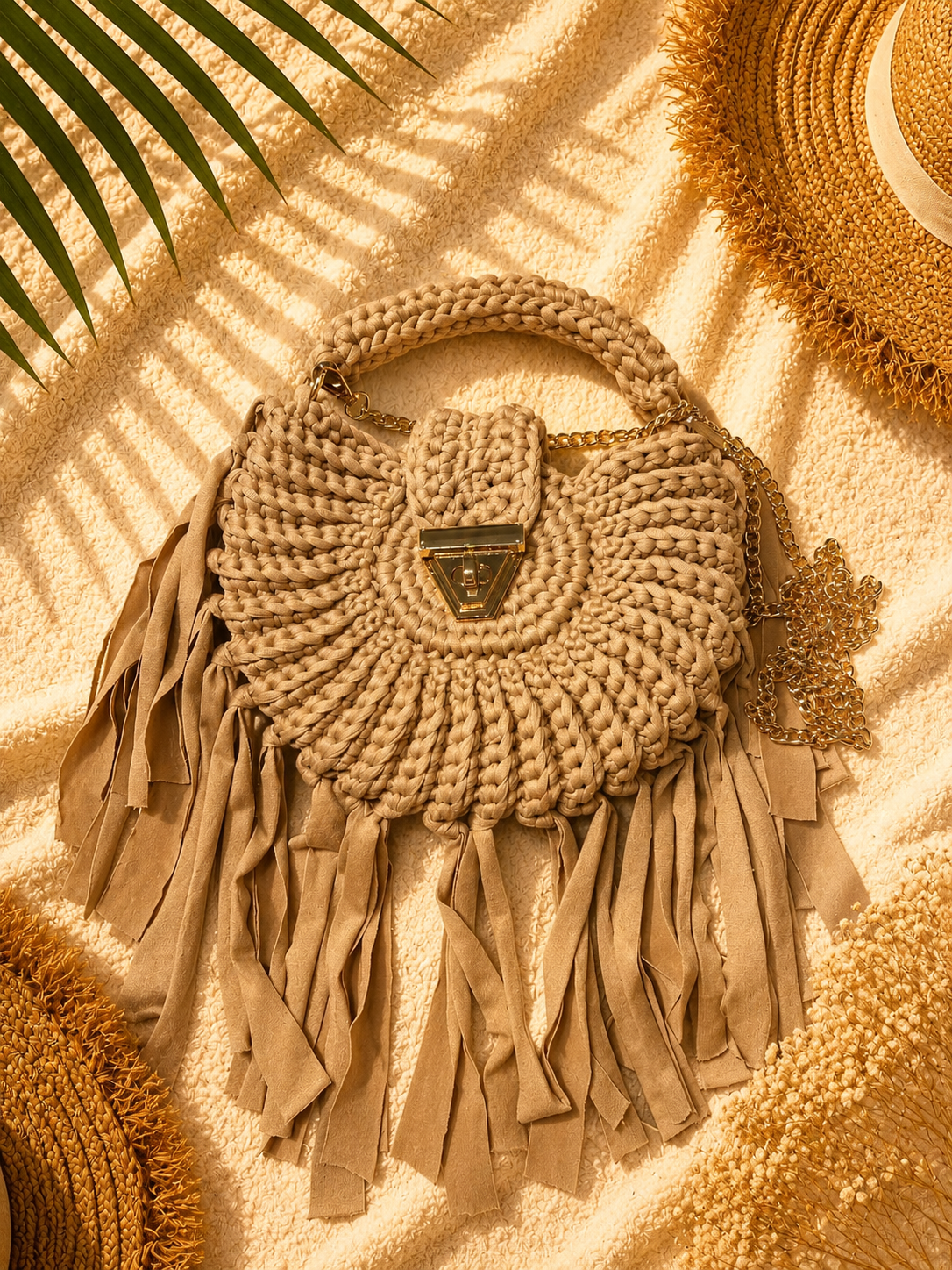 Tasche " Boho " mit Fransen Karamell- Braun
