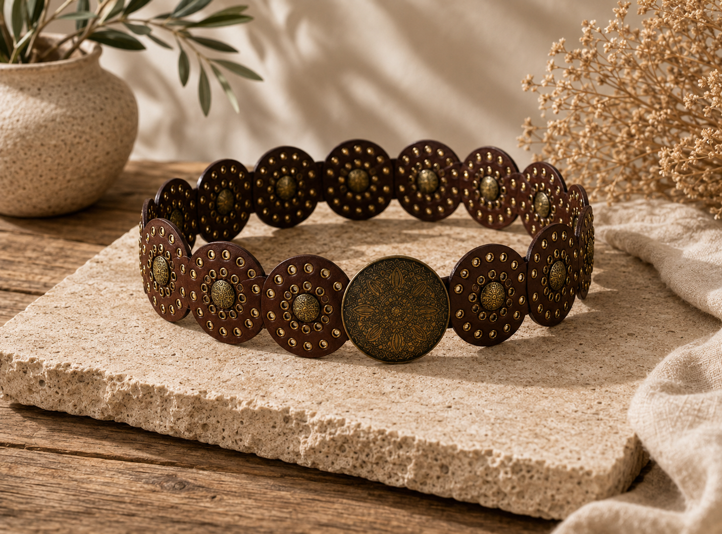 Breiter Boho - Gürtel mit Nieten & Ornament Schnalle braun