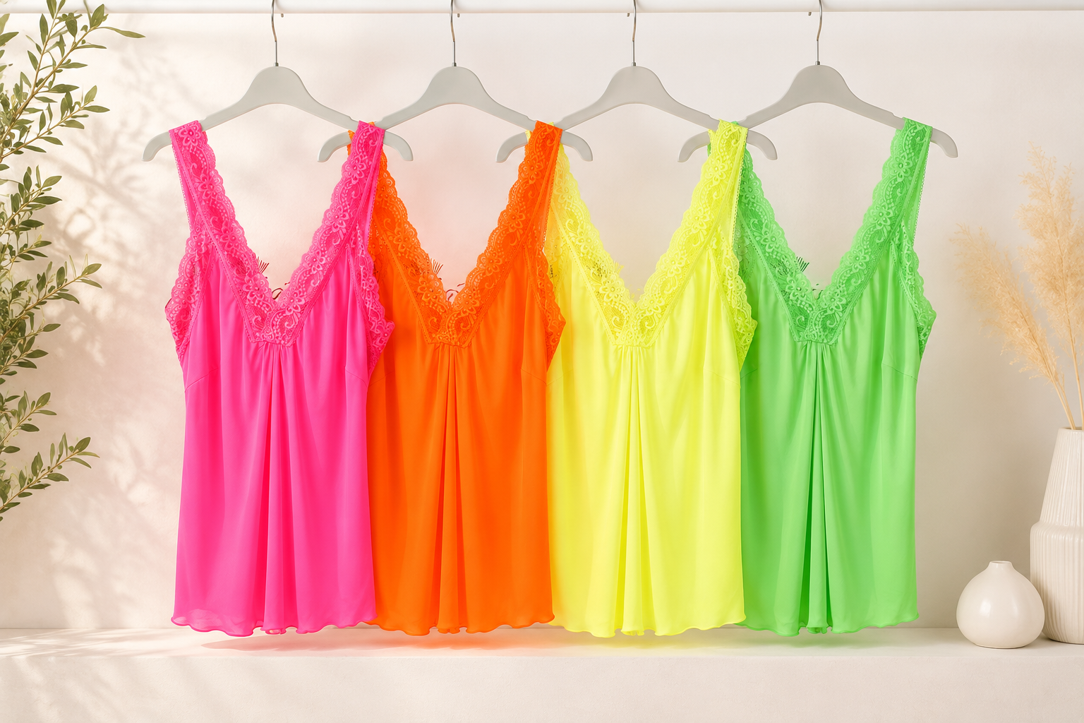 Basic " Neon Trend Top " mit V- Ausschnitt und Spitze