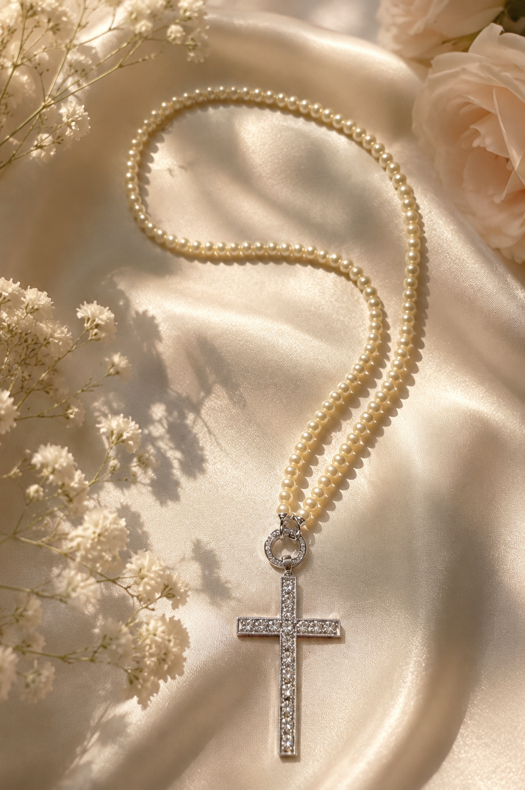 Perlenkette mit Strass Kreuz Anhänger