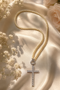 Perlenkette mit Strass Kreuz Anhänger