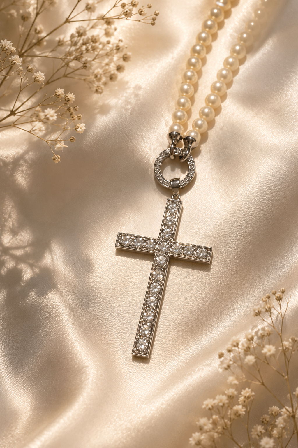 Perlenkette mit Strass Kreuz Anhänger